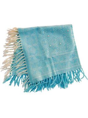 Vintage Blue Baby Blanket w/ Pink Roses, Tassels Crib Size 36x39 Mid-Century